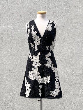 Alice + Olivia Pamela Black & White Embellished Floral Fit & Flare Mini Dress